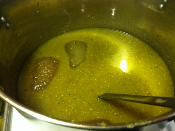 Our own frozen chicken stock, melting into the pureed roasted vegetables